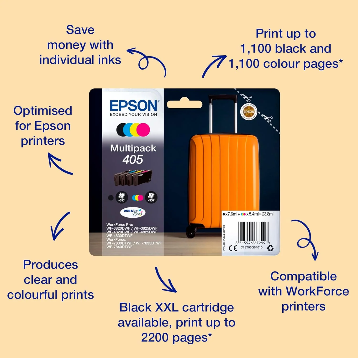 Epson 405 Suitcase Genuine Multipack, 4-colours Ink Cartridges, DURABrite Ultra Ink - Image 3