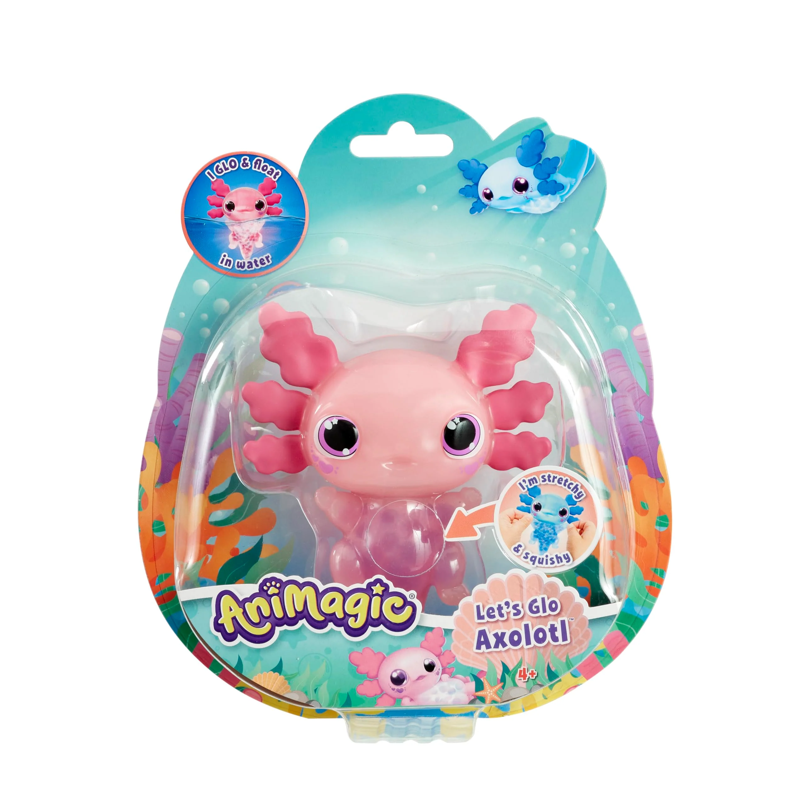 Animagic - Let's Glo Axolotl Roze, Elektronisch en Verlicht Huisdier Voor Kinderen Vanaf 4 Jaar, Zintuiglijke speel- en aanraakervaring, Uitrekbaar lichaam, Drijft en gloeit in water