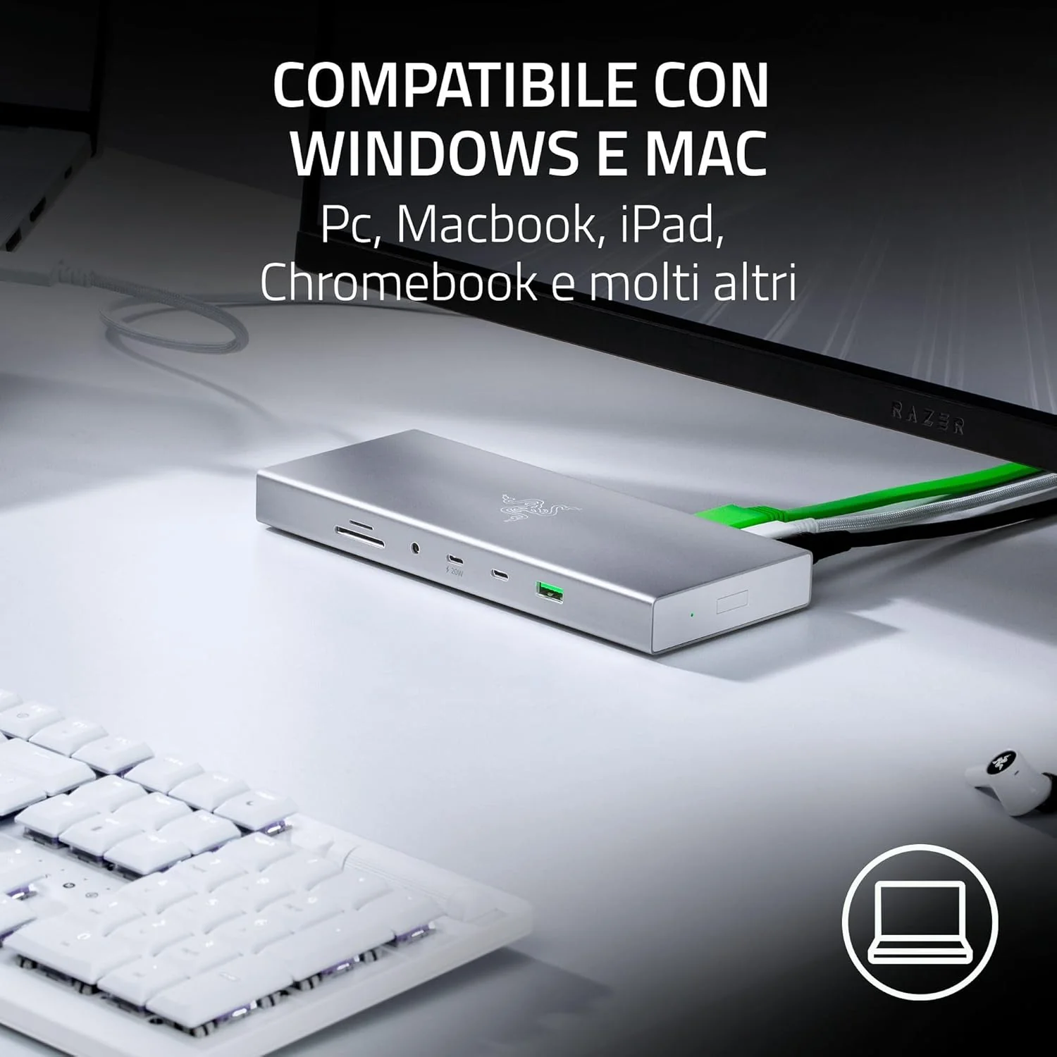 Razer USB 4 Dock - USB High-Speed-Dock - Supporto doppio display, ricarica dispositivi (3x USB-C, 5x USB-A, HDMI, DisplayPort, Gigabit Ethernet) Bianco - Image 3