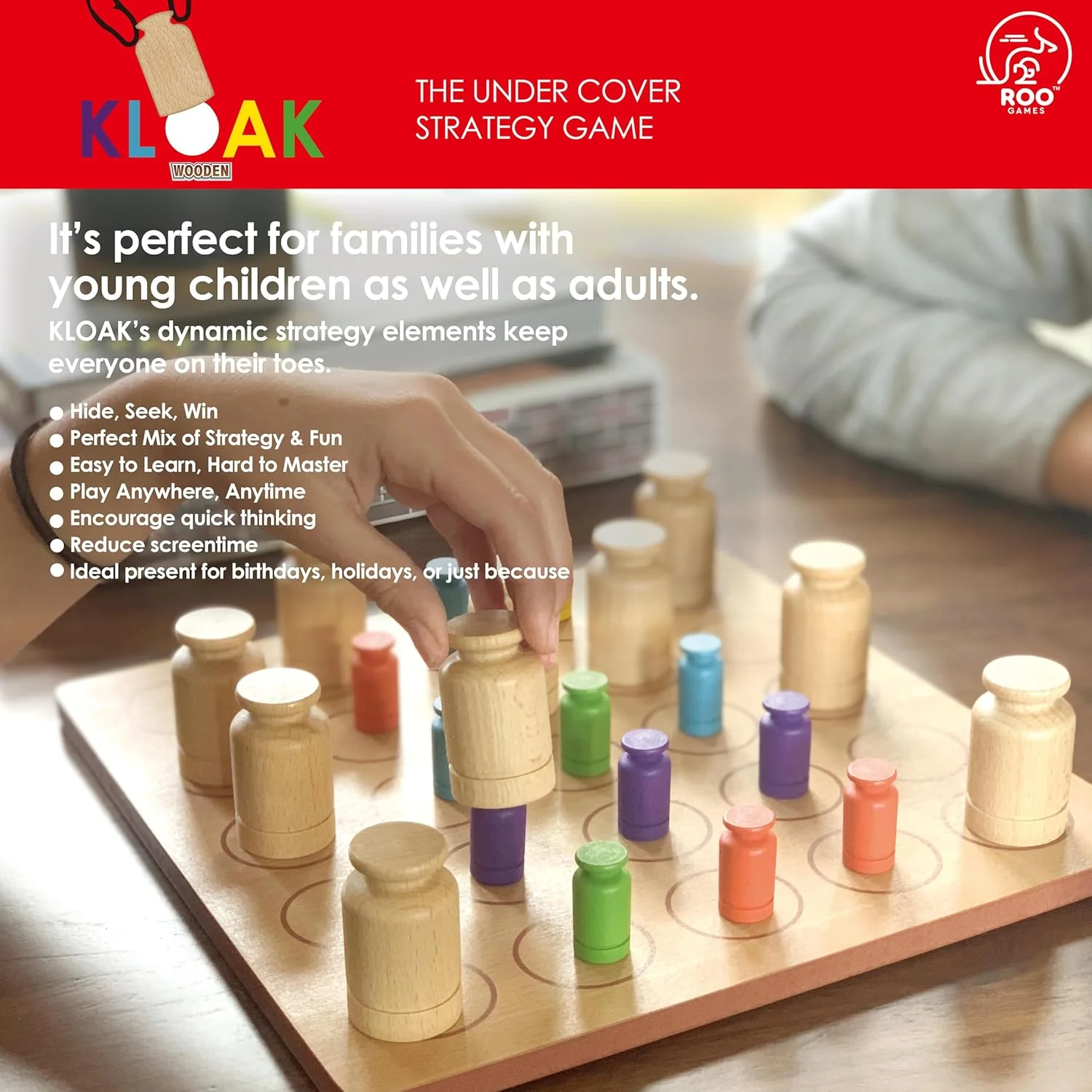 Roo Games KLOAK - All Wooden Strategy Board Games for Adults & Kids, 2-4 Players, Family Games, Popular Games for Ages 8+, Stimulates Critical Thinking, Durable Hardwood Components - Image 3