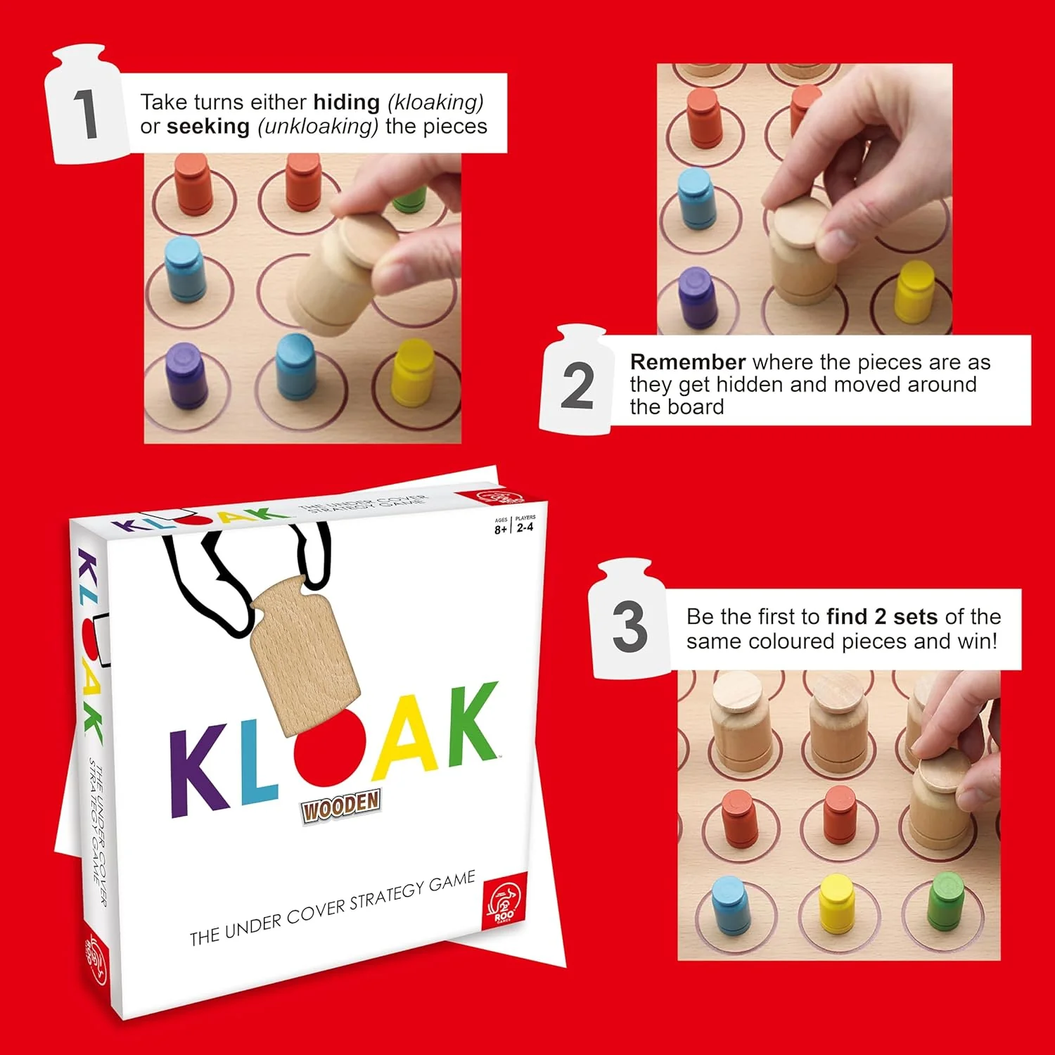 Roo Games KLOAK - All Wooden Strategy Board Games for Adults & Kids, 2-4 Players, Family Games, Popular Games for Ages 8+, Stimulates Critical Thinking, Durable Hardwood Components - Image 4