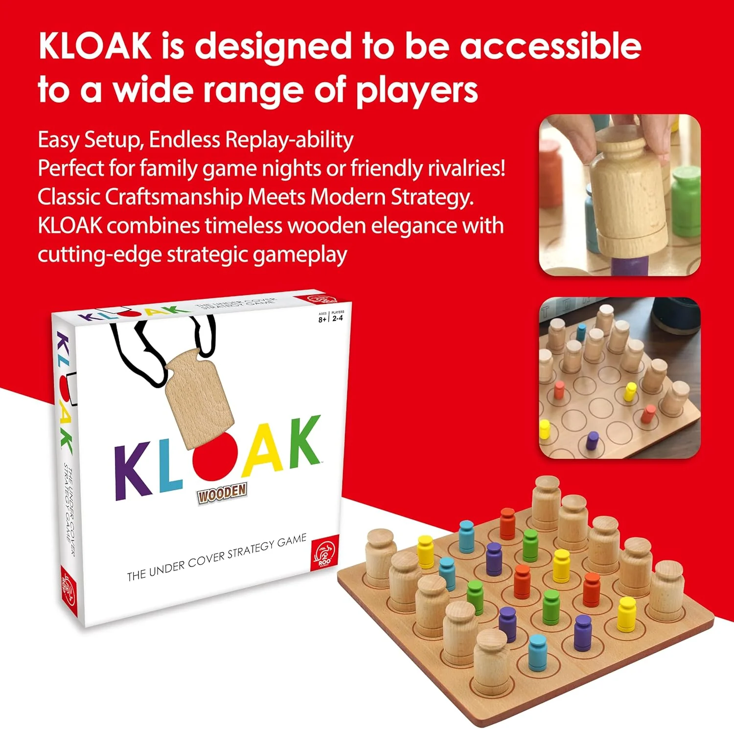 Roo Games KLOAK - All Wooden Strategy Board Games for Adults & Kids, 2-4 Players, Family Games, Popular Games for Ages 8+, Stimulates Critical Thinking, Durable Hardwood Components - Image 7