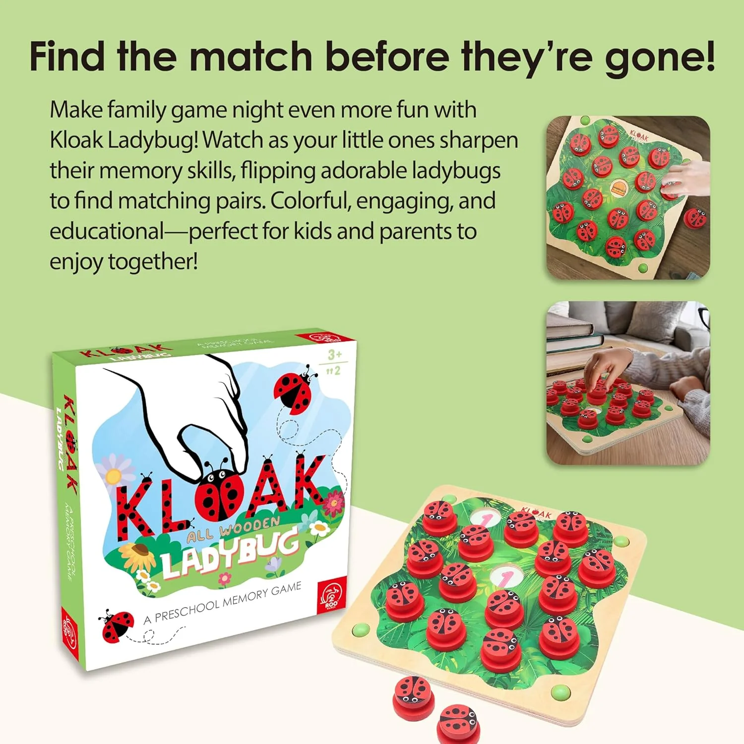 ROO GAMES LADY BUG KLOAK- Wooden Memory Game for Kids - Montessori-Inspired Toddler Toys for 3 Year Old Girl Gifts - Boosts Memory & Focus - Bright Ladybug Design - Eco-Friendly Kids Games - Image 2