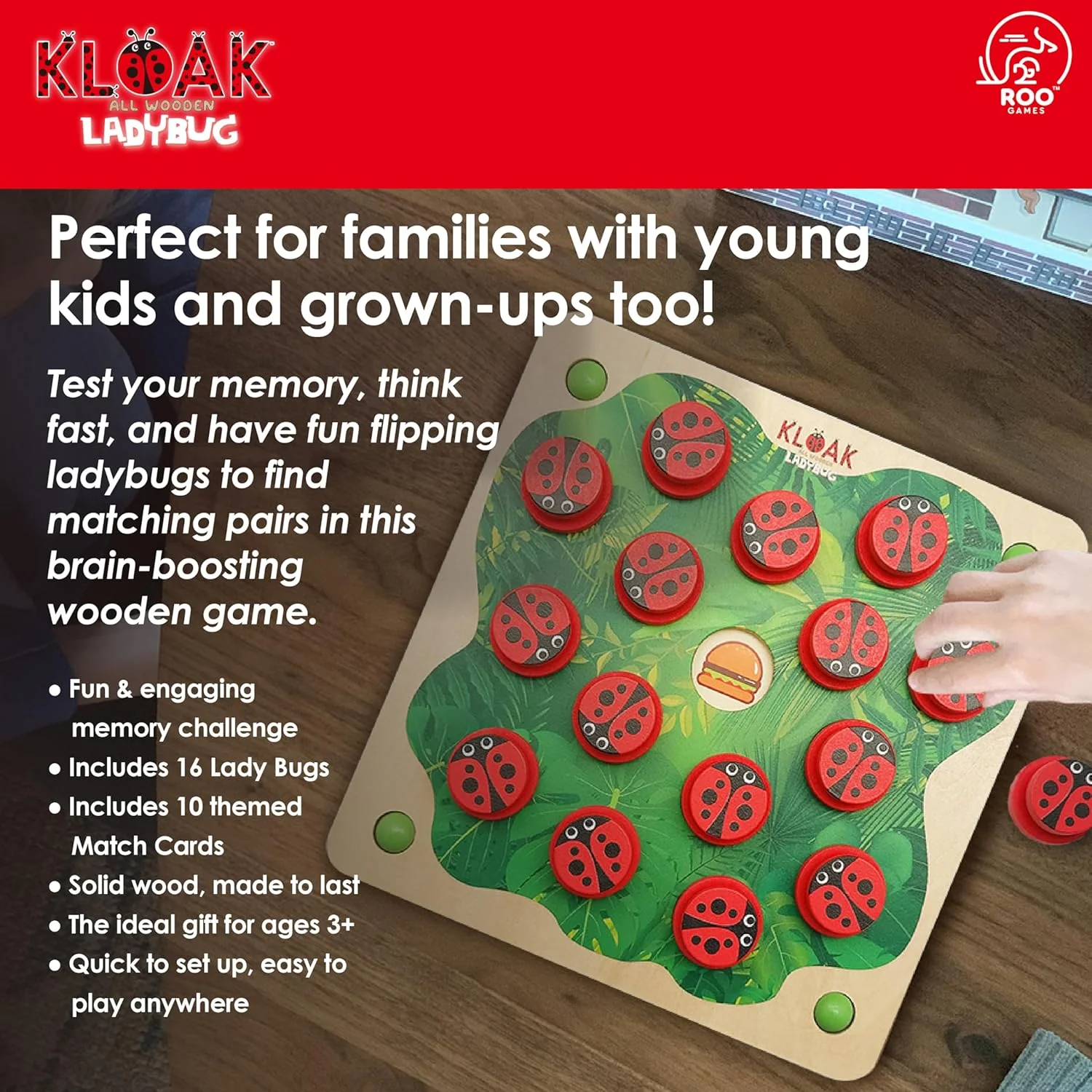 ROO GAMES LADY BUG KLOAK- Wooden Memory Game for Kids - Montessori-Inspired Toddler Toys for 3 Year Old Girl Gifts - Boosts Memory & Focus - Bright Ladybug Design - Eco-Friendly Kids Games - Image 5