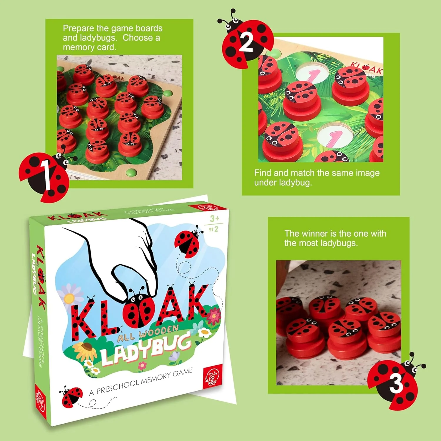 ROO GAMES LADY BUG KLOAK- Wooden Memory Game for Kids - Montessori-Inspired Toddler Toys for 3 Year Old Girl Gifts - Boosts Memory & Focus - Bright Ladybug Design - Eco-Friendly Kids Games - Image 6